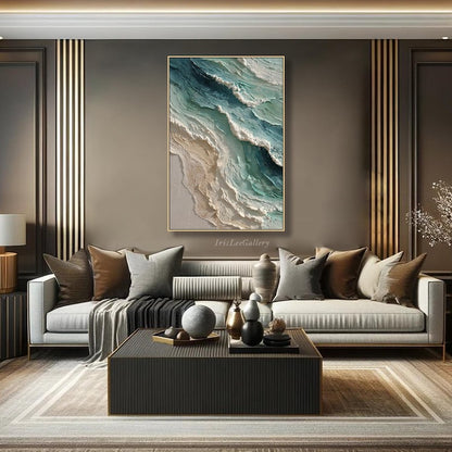 Textured Ocean Wave Oil Painting: 3D Impasto Coastal Art, Green Sea Decor