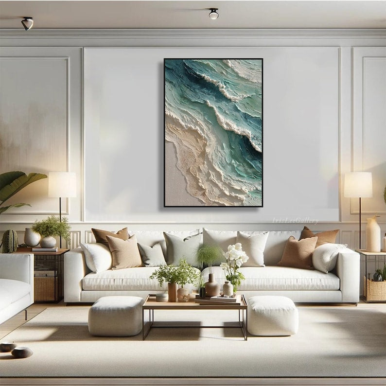 Textured Ocean Wave Oil Painting: 3D Impasto Coastal Art, Green Sea Decor