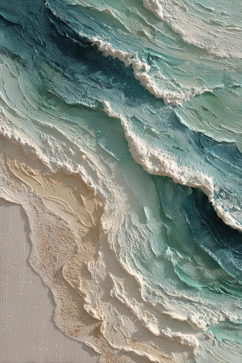 Textured Ocean Wave Oil Painting: 3D Impasto Coastal Art, Green Sea Decor
