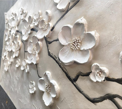 White Blossom Oil Painting 3D Textured Floral Wall Art Original Handmade Nature Artwork Large Minimalist Wall Decor Modern Bedroom Wall Art