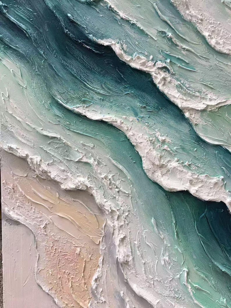 Textured Ocean Wave Oil Painting: 3D Impasto Coastal Art, Green Sea Decor