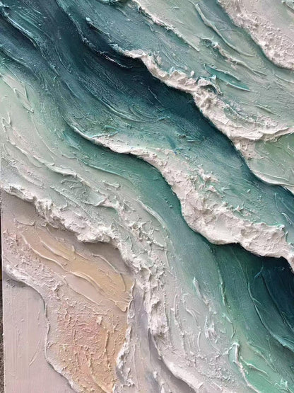 Textured Ocean Wave Oil Painting: 3D Impasto Coastal Art, Green Sea Decor