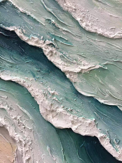 Textured Ocean Wave Oil Painting: 3D Impasto Coastal Art, Green Sea Decor