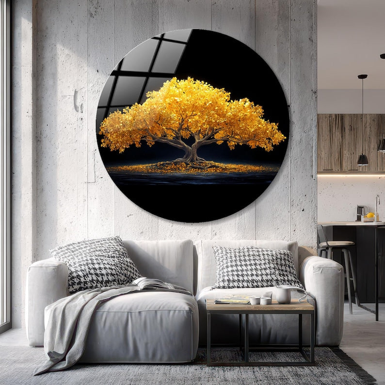Tempered Glass Wall Art: Gold Leaf Tree, Modern Living Room Decor