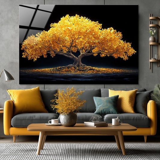 Tempered Glass Wall Art: Gold Leaf Tree, Modern Living Room Decor