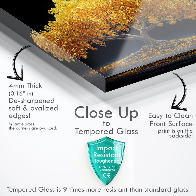 Tempered Glass Wall Art: Gold Leaf Tree, Modern Living Room Decor