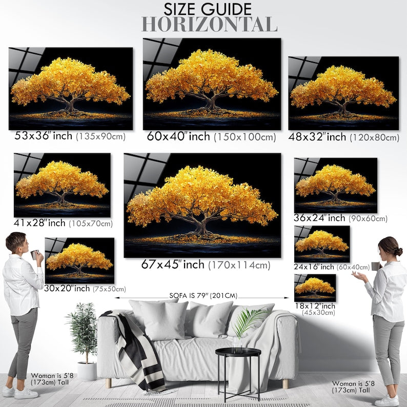 Tempered Glass Wall Art: Gold Leaf Tree, Modern Living Room Decor