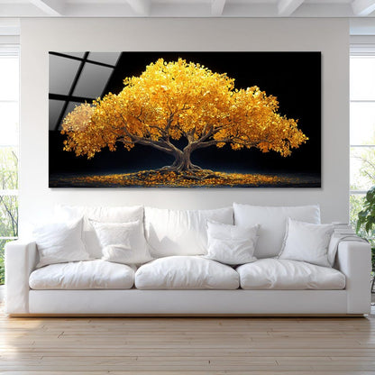 Tempered Glass Wall Art: Gold Leaf Tree, Modern Living Room Decor