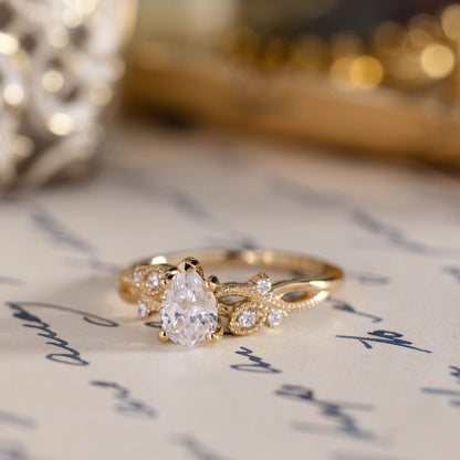 The Larkwood - Pear-Shaped Diamond Engagement Ring with Nature-Inspired Milgrain & Diamond Accents