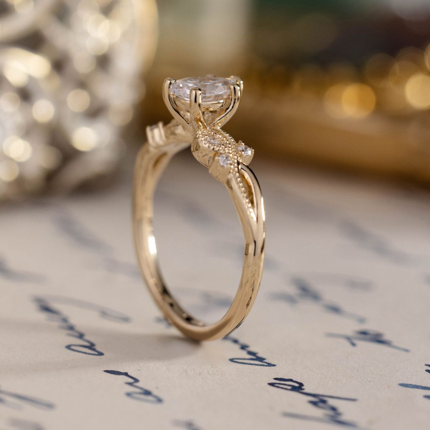 The Larkwood - Pear-Shaped Diamond Engagement Ring with Nature-Inspired Milgrain & Diamond Accents
