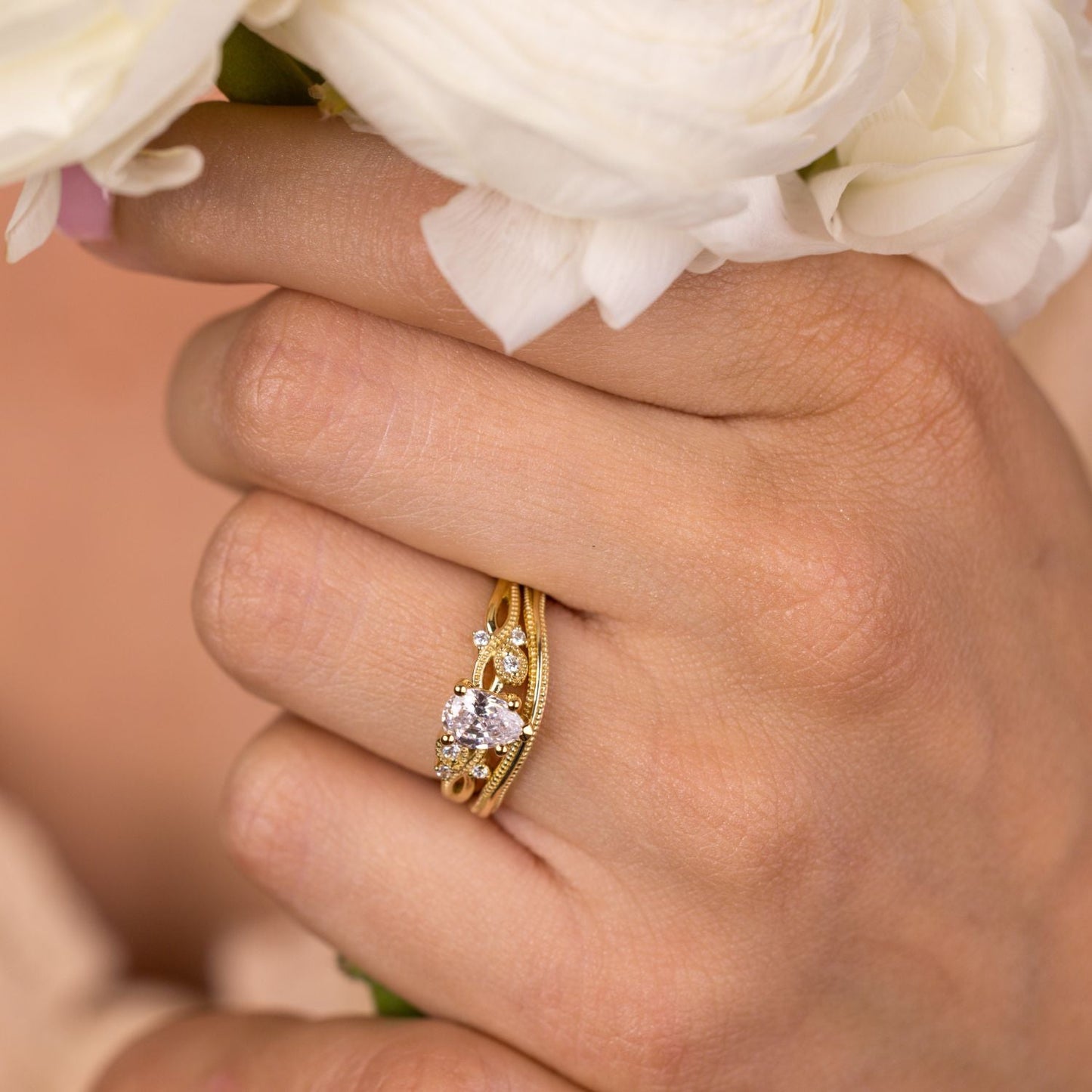 The Larkwood - Pear-Shaped Diamond Engagement Ring with Nature-Inspired Milgrain & Diamond Accents